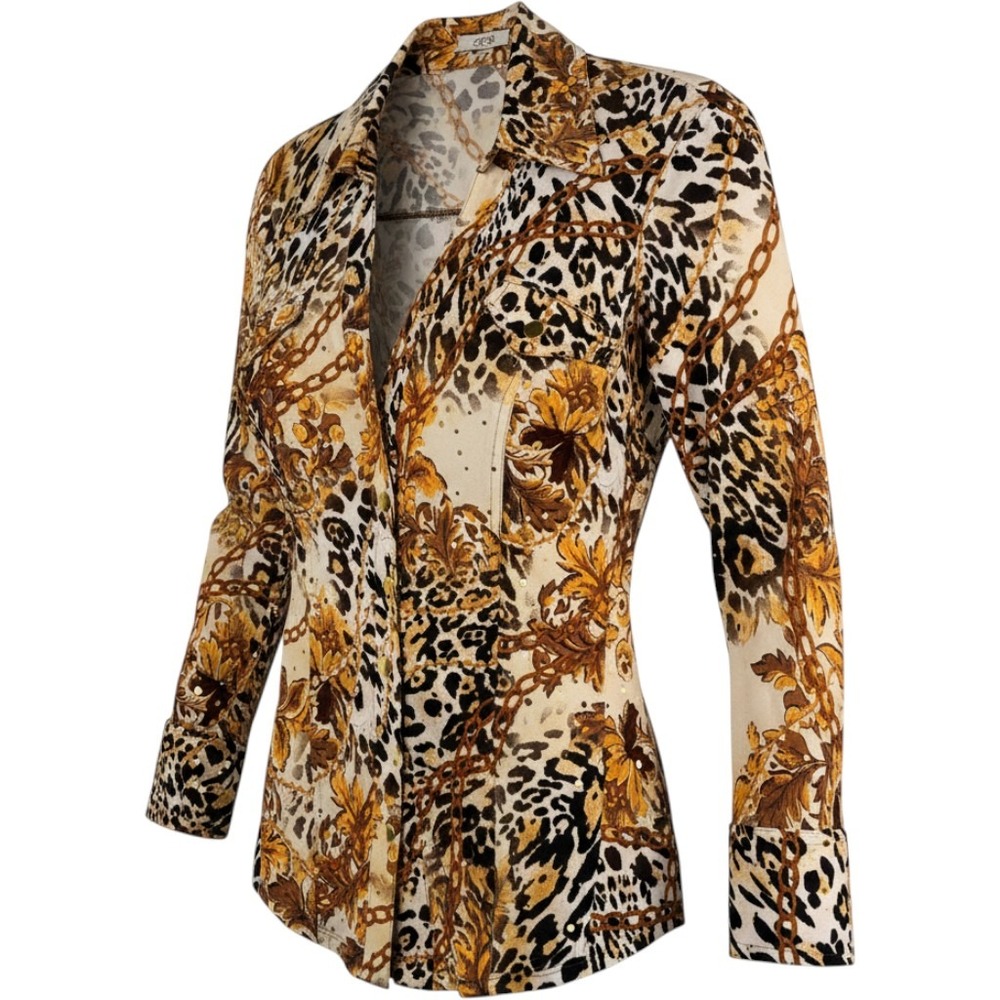 Cache Button Up Shirt Size Medium Gold Brown Leopard Chain Sequin Baroque